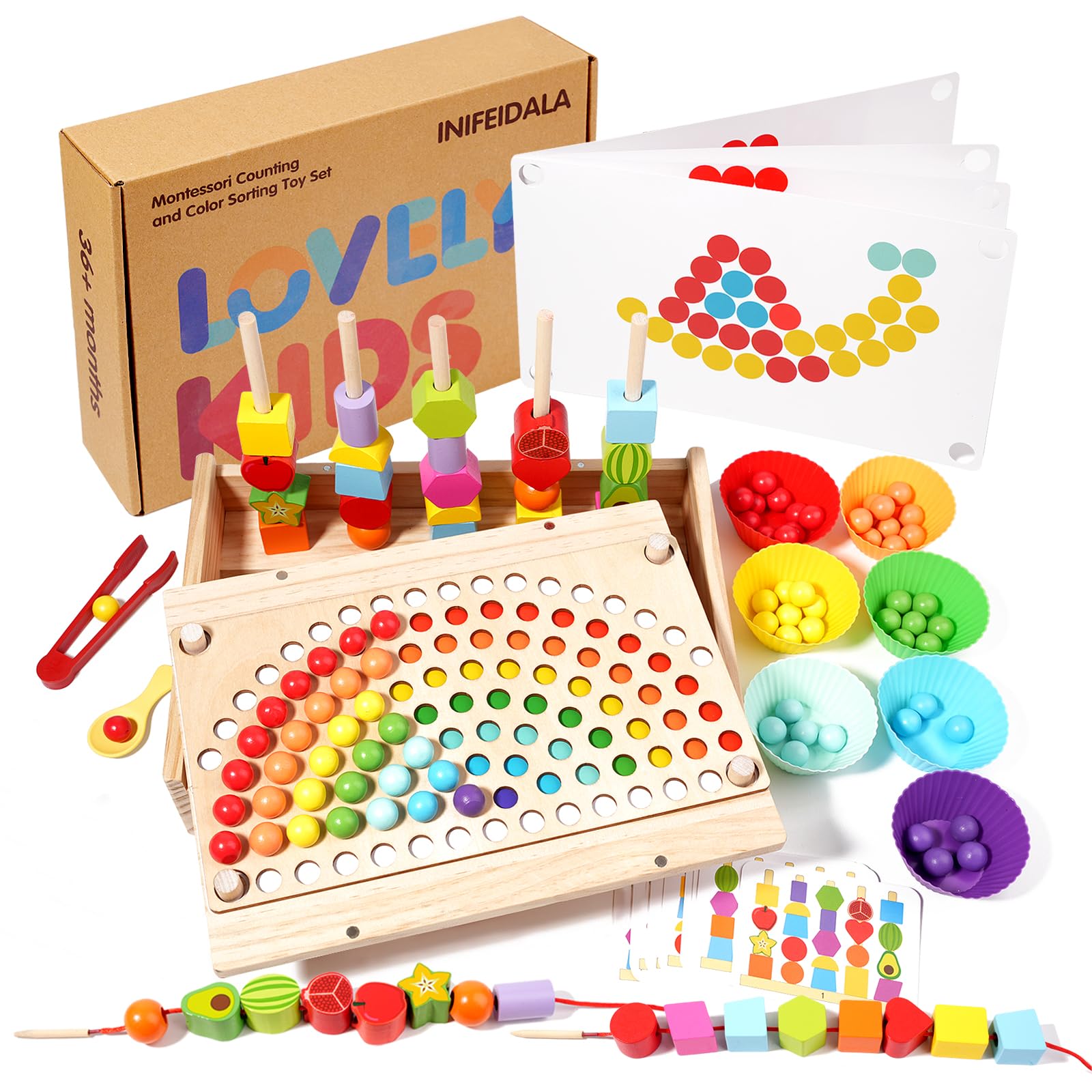 INIFEIDALA rainbow stacking beads on wooden peg board for fine motor play and color sorting
