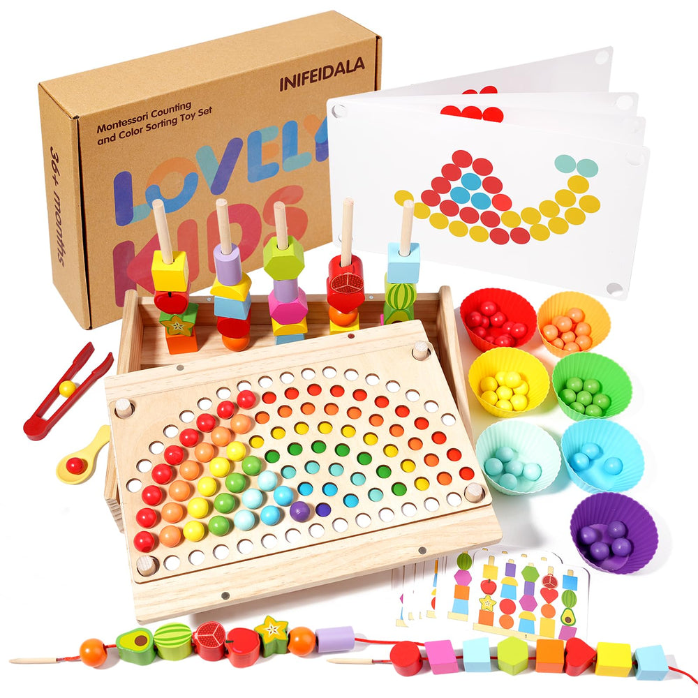 INIFEIDALA rainbow stacking beads on wooden peg board for fine motor play and color sorting