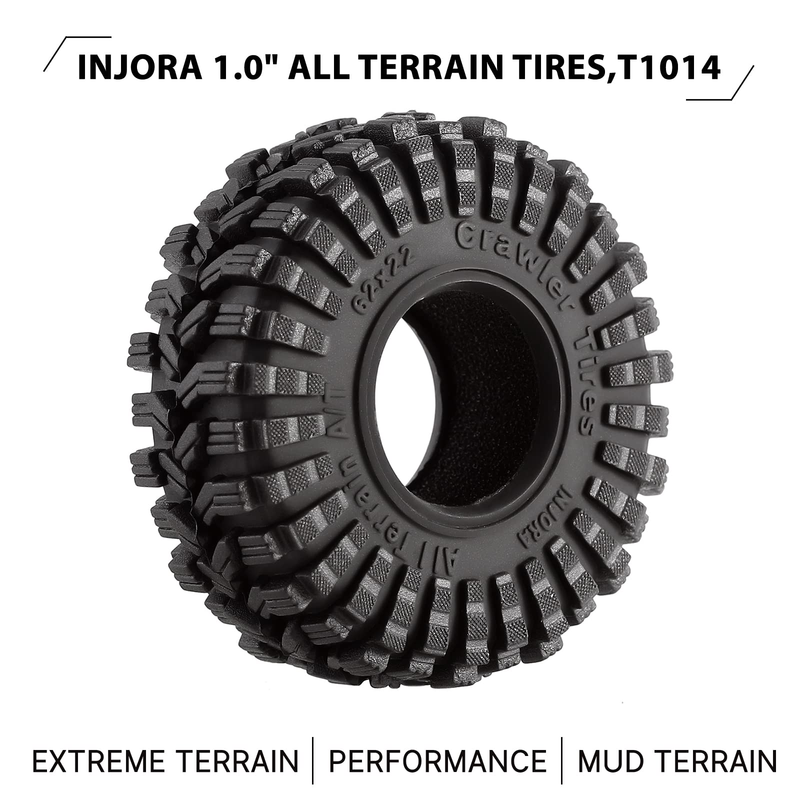 INJORA 1.0 All Terrain S5 Trekker tread closeup improves bite on rocks.