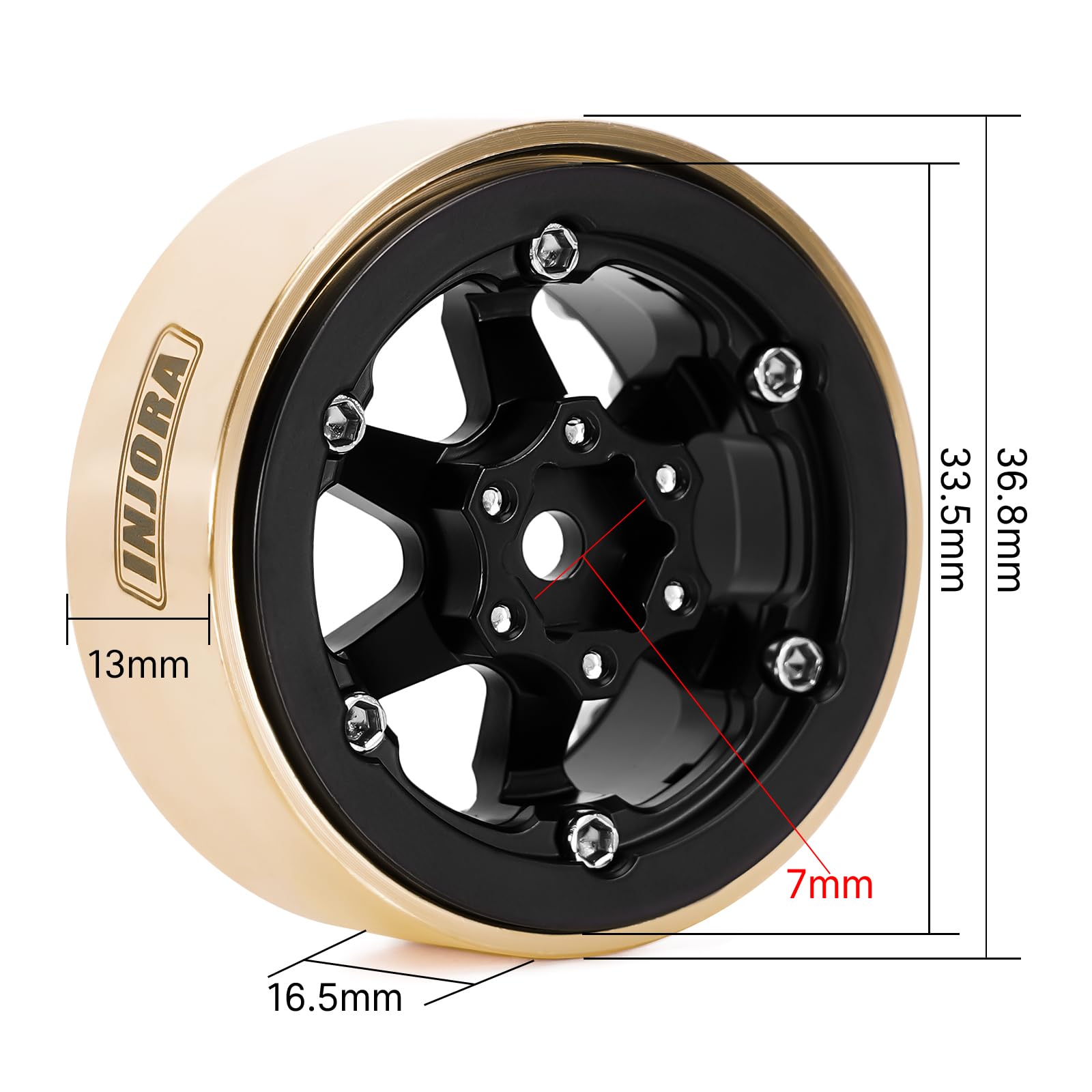 INJORA 1.3-inch beadlock wheel top view reveals compact, precise fit for tight spaces.