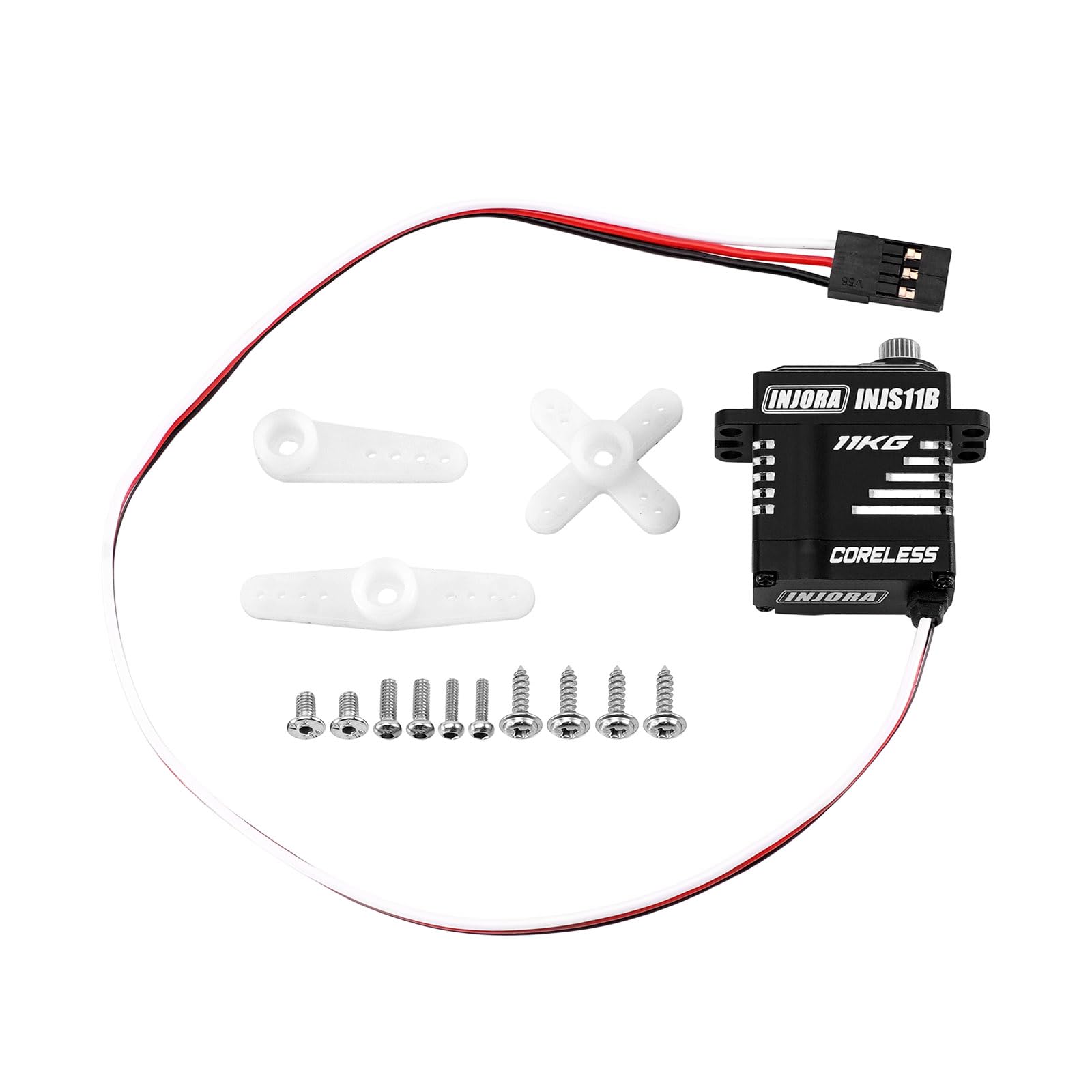 INJORA 11kg coreless servo bottom-exit wiring view for clean installs.