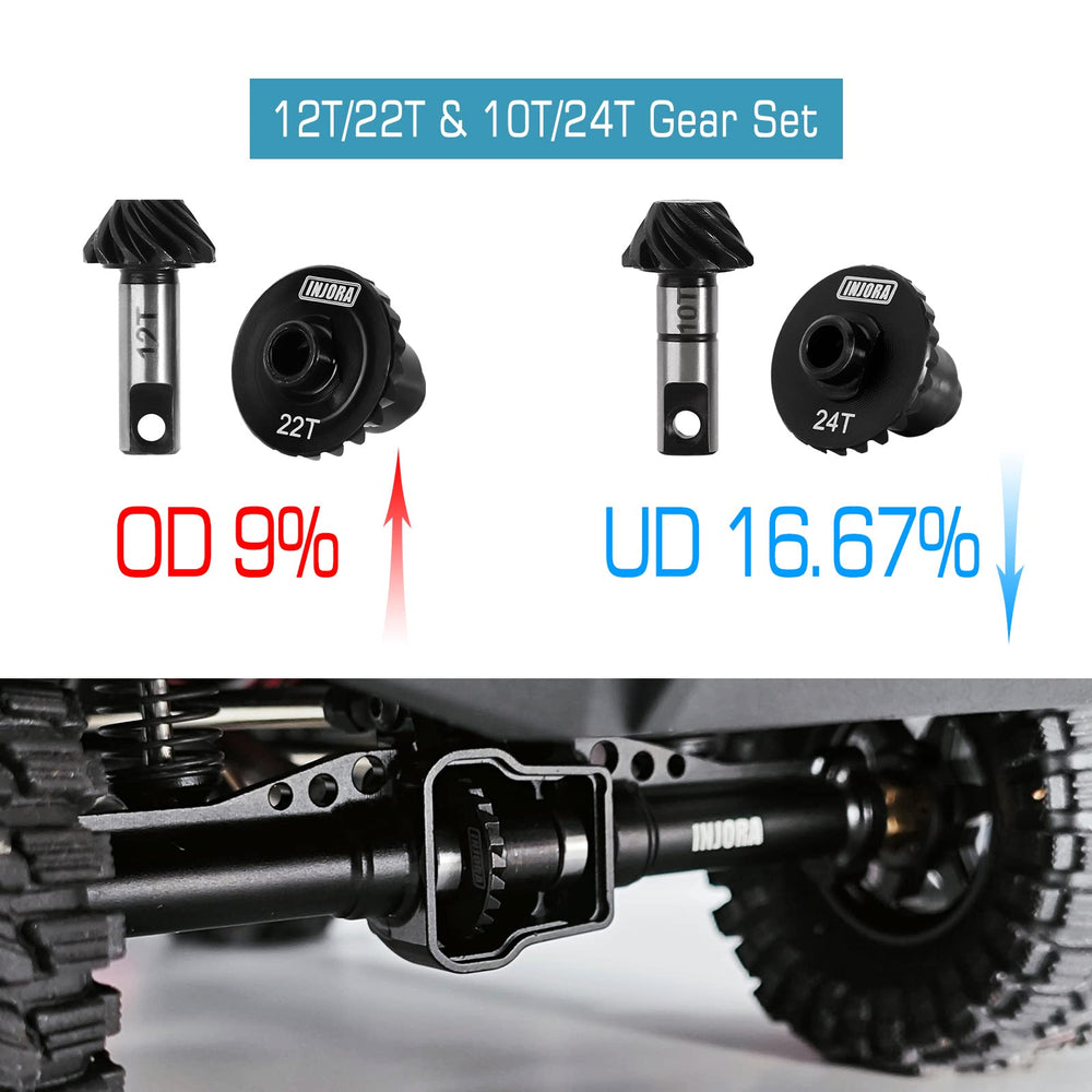 INJORA 24T-10T underdrive gear close-up for TRX4M assembly and balance