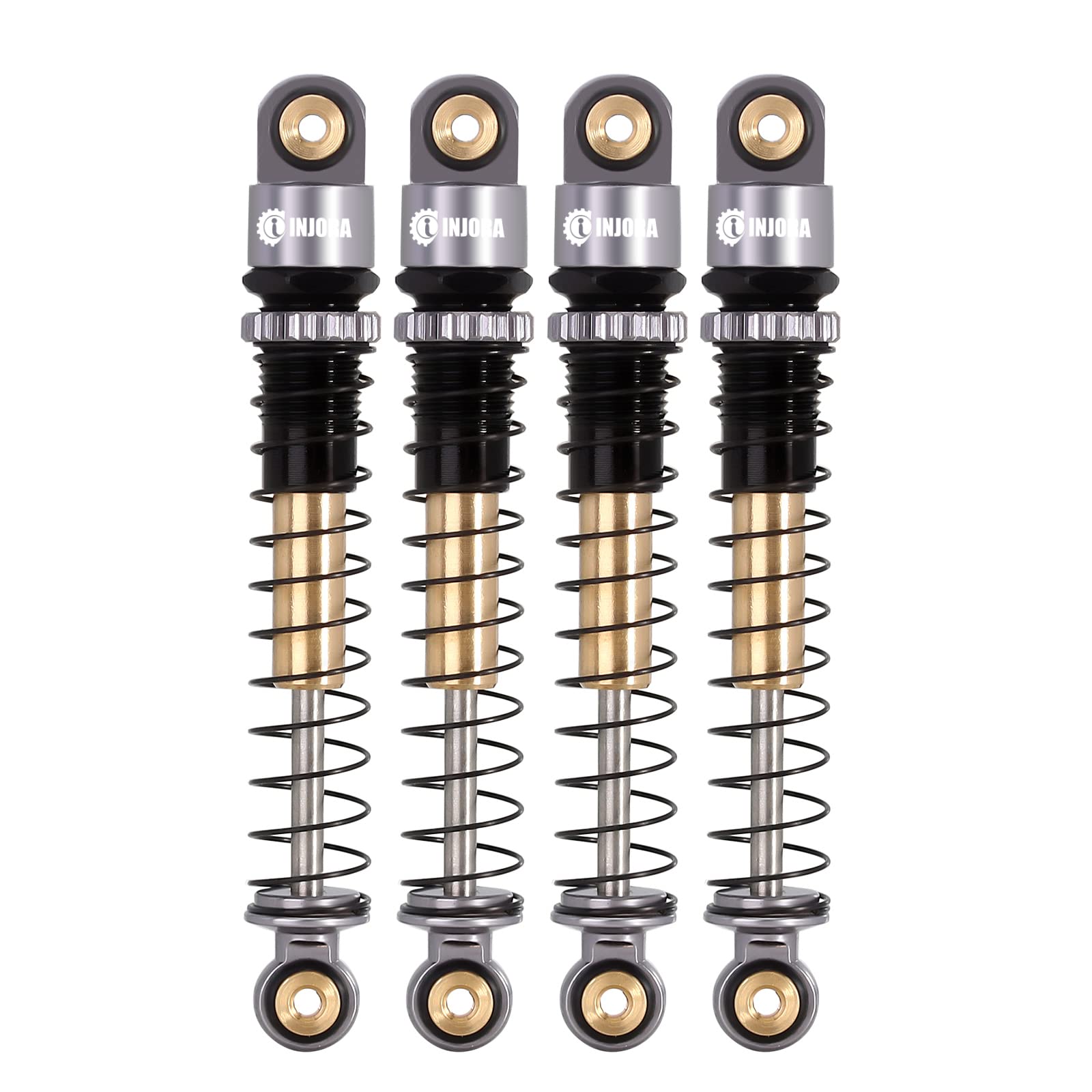INJORA 43mm aluminum shocks front view for RC crawler with stable damping.