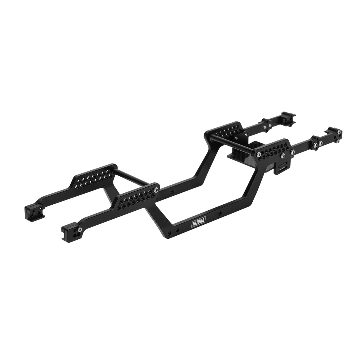 INJORA 45g LCG aluminum chassis, CNC machined and black anodized for durability.