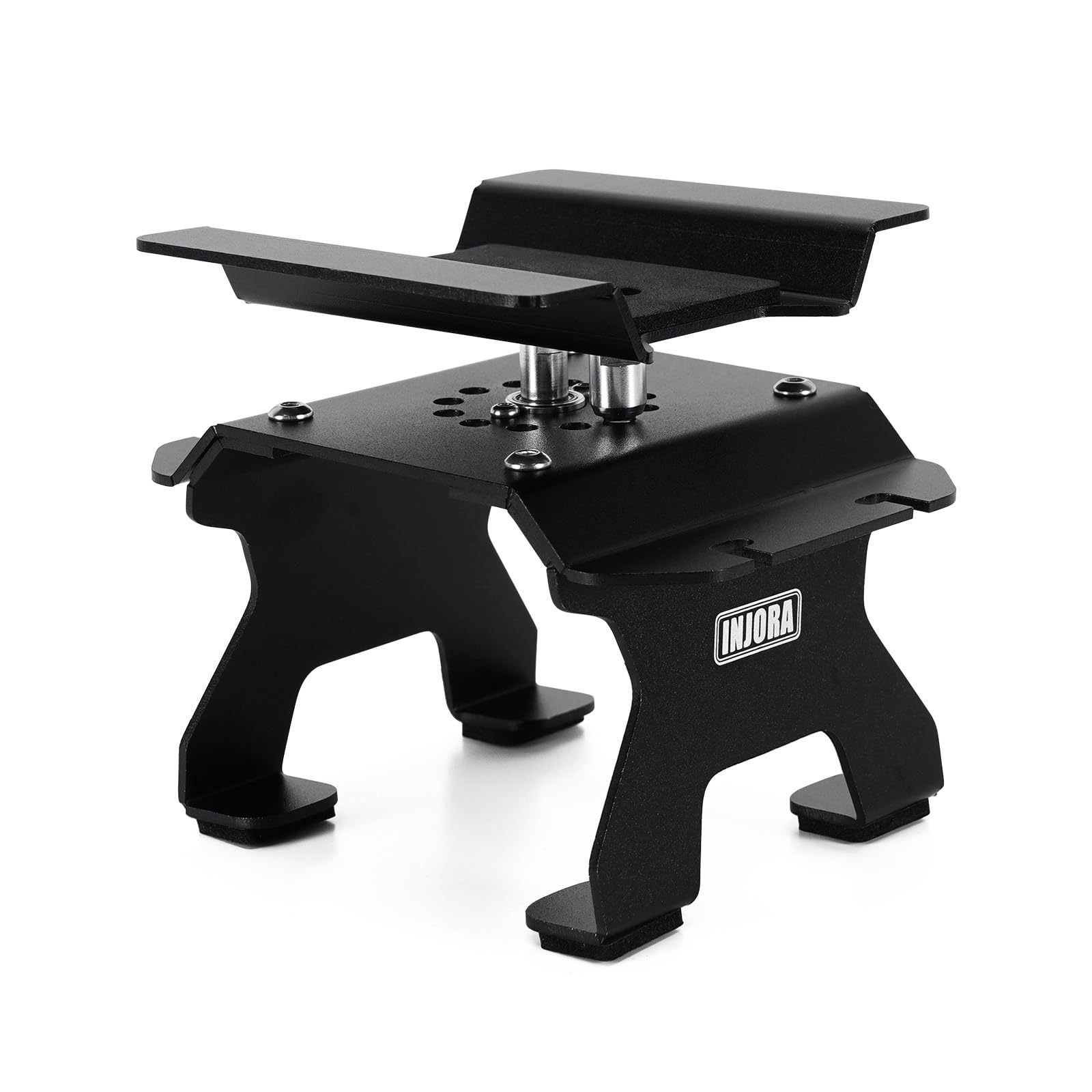 INJORA aluminum RC car stand top view shows sturdy construction for precise adjustments.
