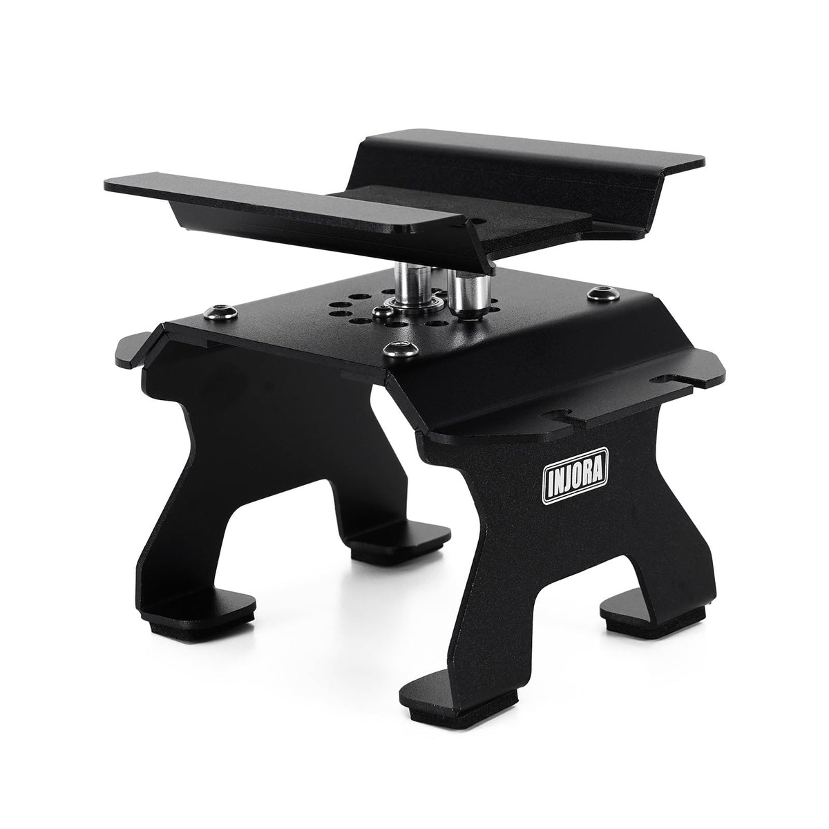 INJORA aluminum RC car stand top view shows sturdy construction for precise adjustments.