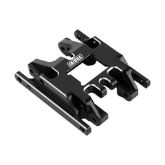 INJORA aluminum skid plate transmission mount 17g stabilizes a 1/18 TRX4M crawler on rough terrain
