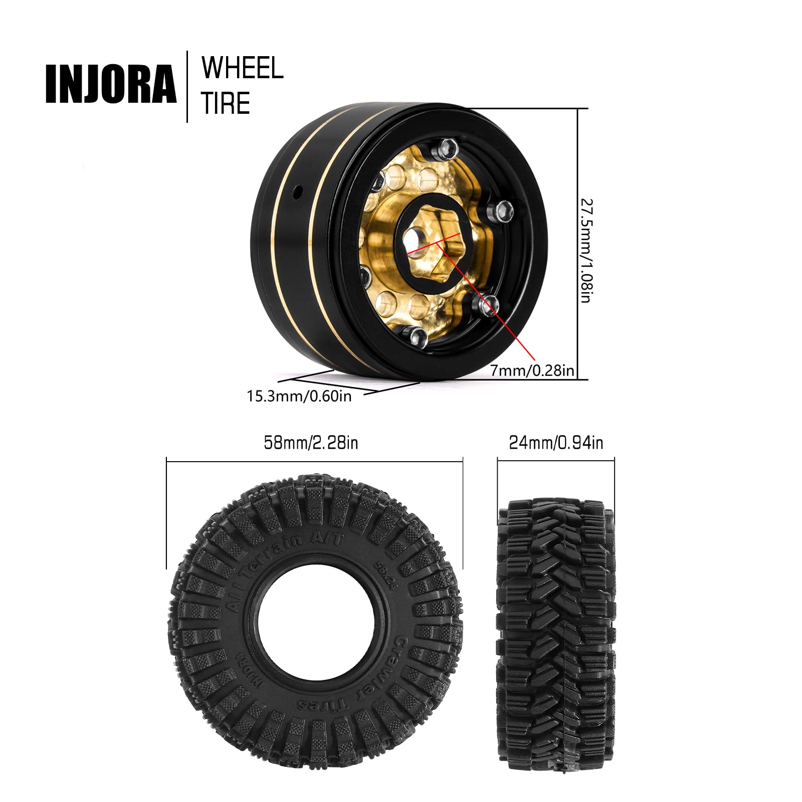 Close-up of INJORA brass beadlock wheel showing precision CNC finish.