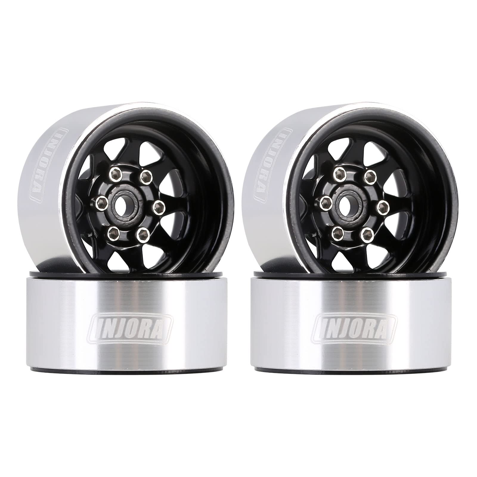 INJORA beadlock wheel front view shows stamped steel construction with a durable powder-coated finish.