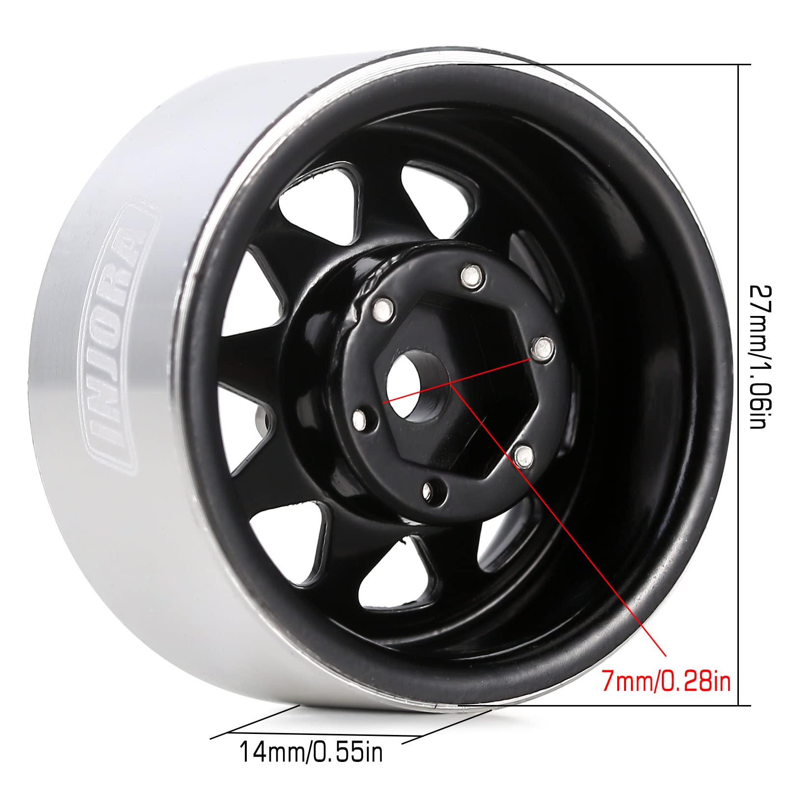 INJORA beadlock wheel hub detail highlights removable center hub for easy installation.