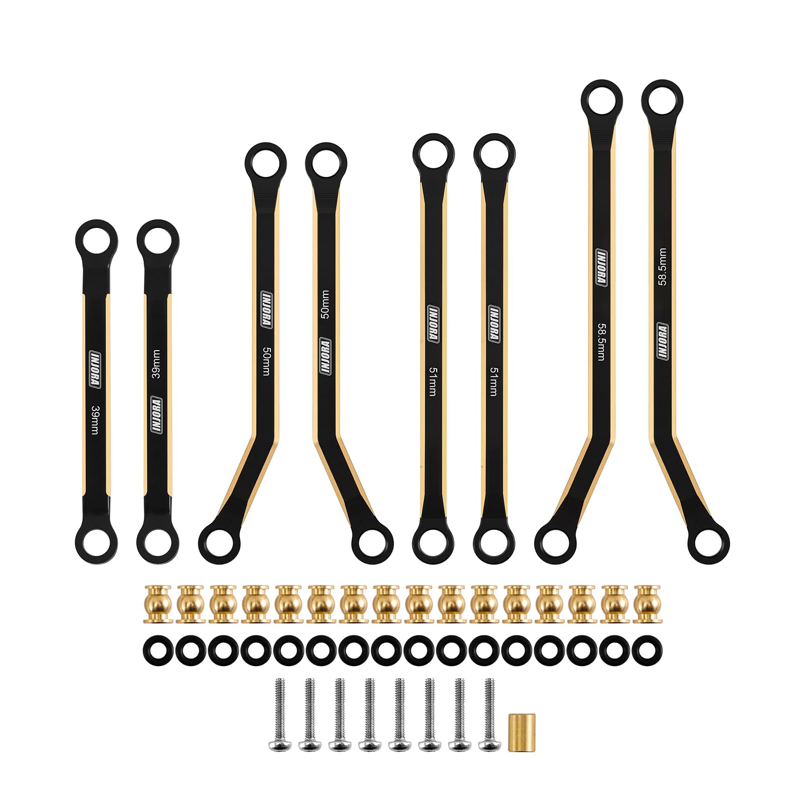INJORA brass 4-links close-up highlights heavy build for added stability.