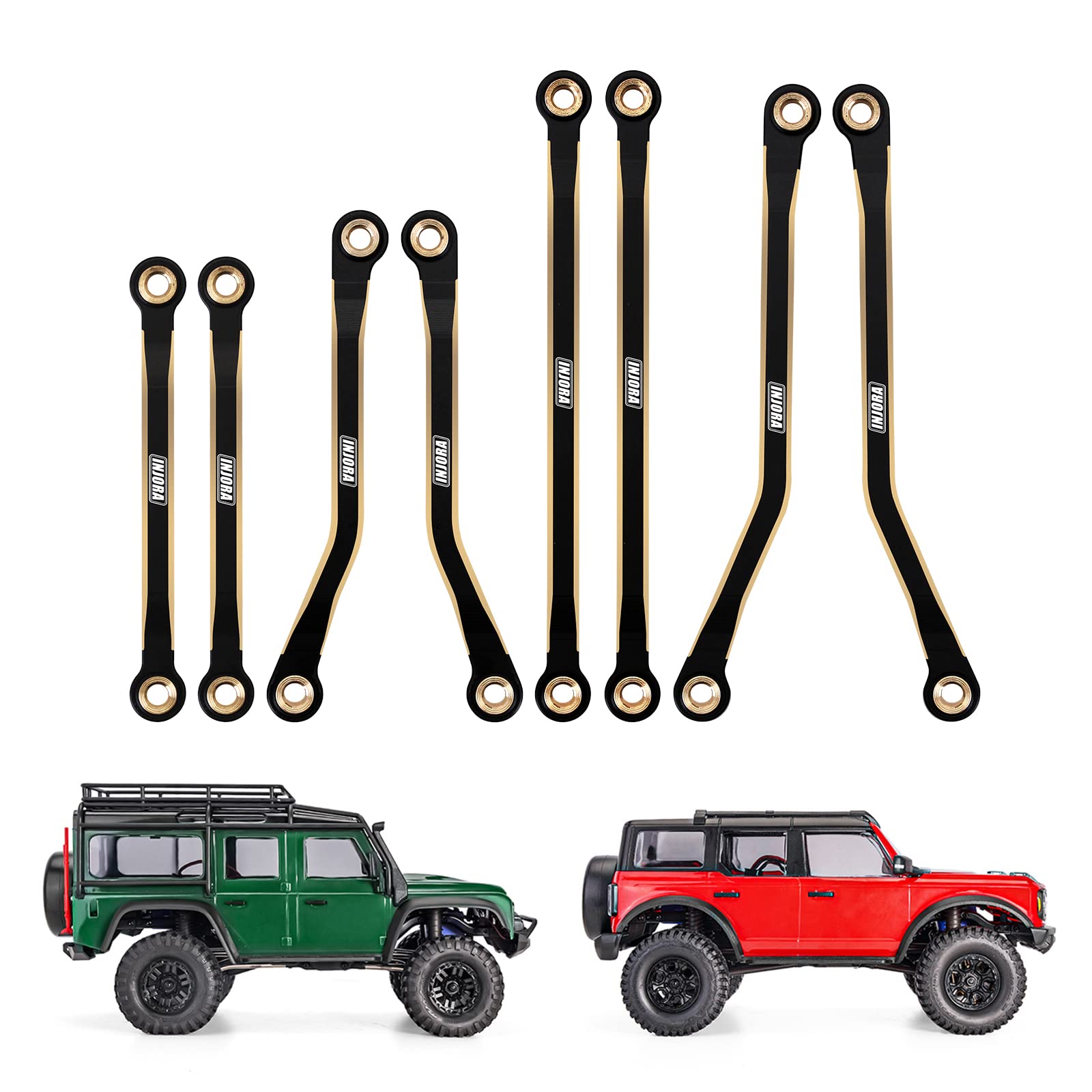 INJORA brass high clearance chassis links installed on TRX4M Defender Bronco for added stability
