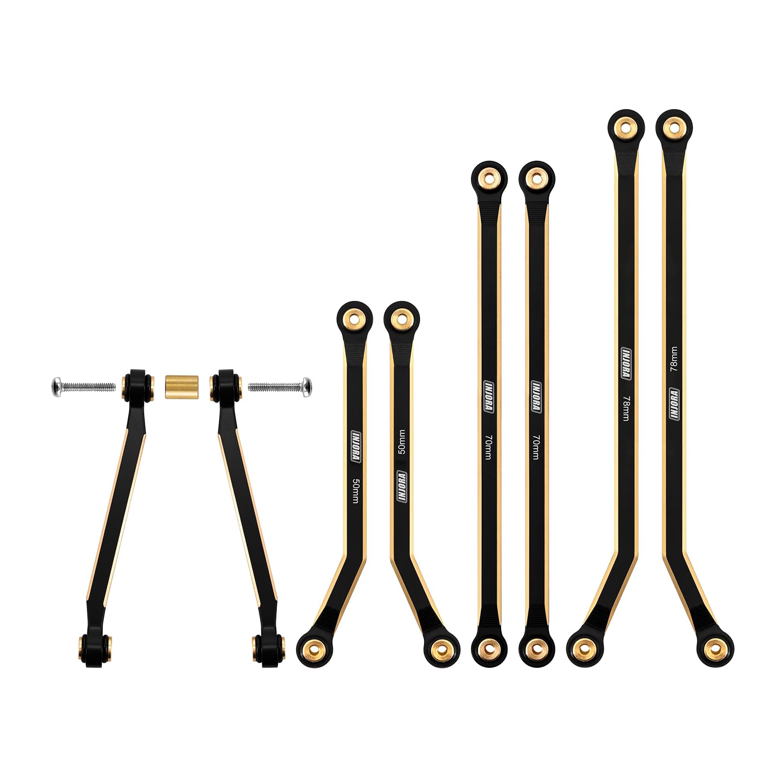 INJORA brass high clearance front 4-links on SCX24 Gladiator improve stability.