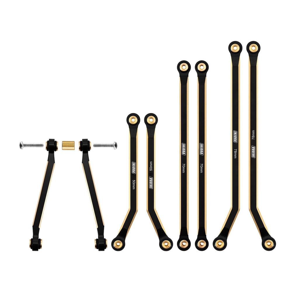 INJORA brass high clearance front 4-links on SCX24 Gladiator improve stability.