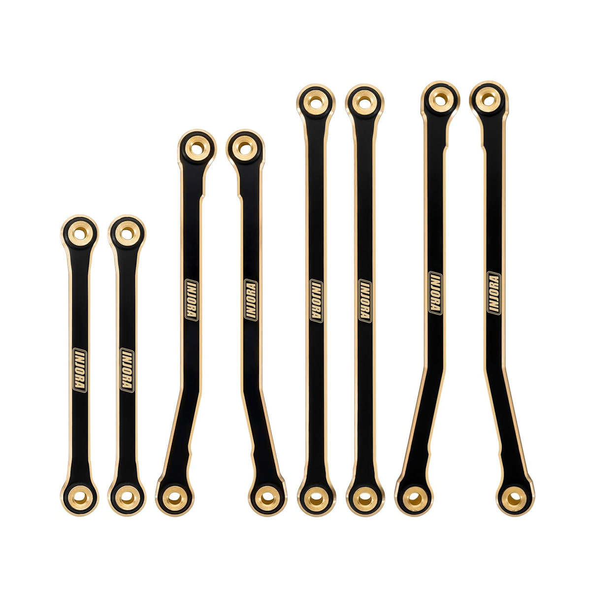 INJORA brass links with black coating in close-up, precision CNC for durability.