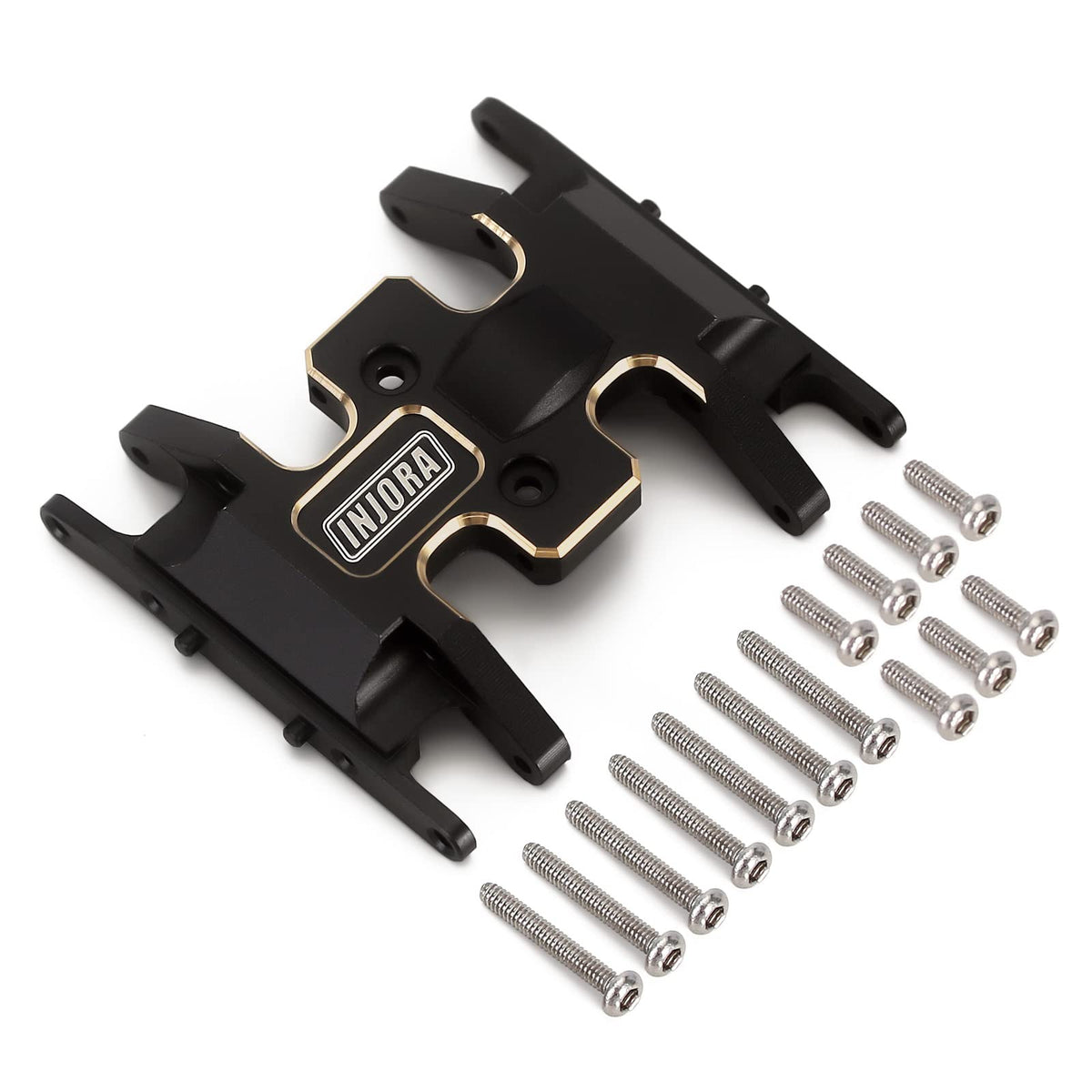 INJORA brass skid plate closeup with durable brass finish for 1/24 crawlers.