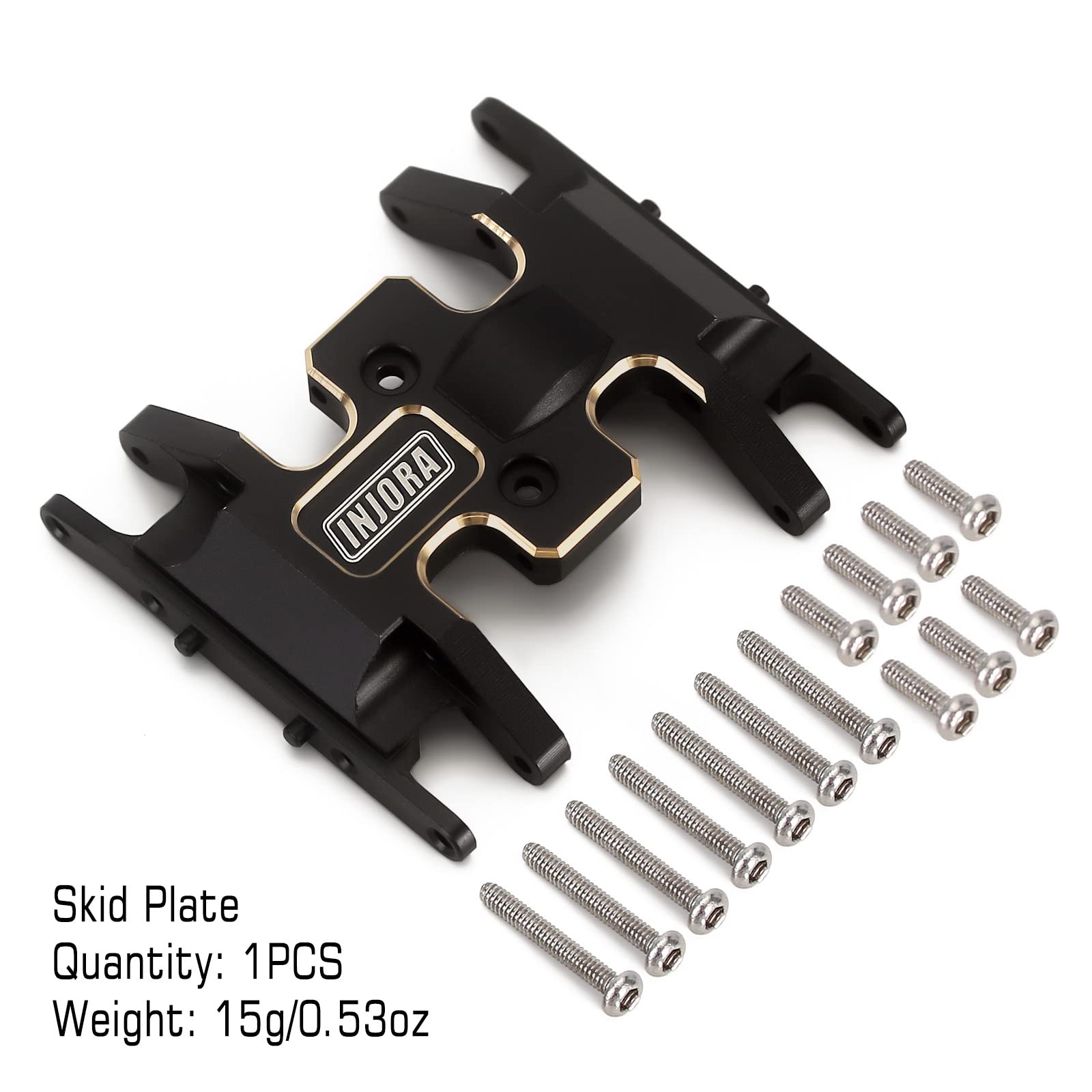 INJORA brass skid plate side view installed on AXI90081 improves stability.