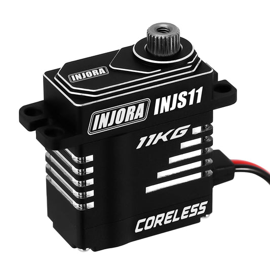 Close-up of INJORA metal gears in a high-torque micro servo.