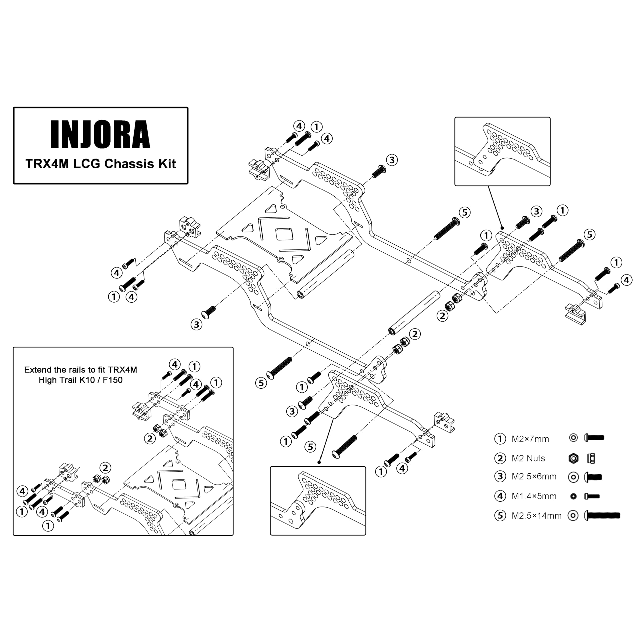 INJORA sturdy frame construction supports rugged off-road builds.