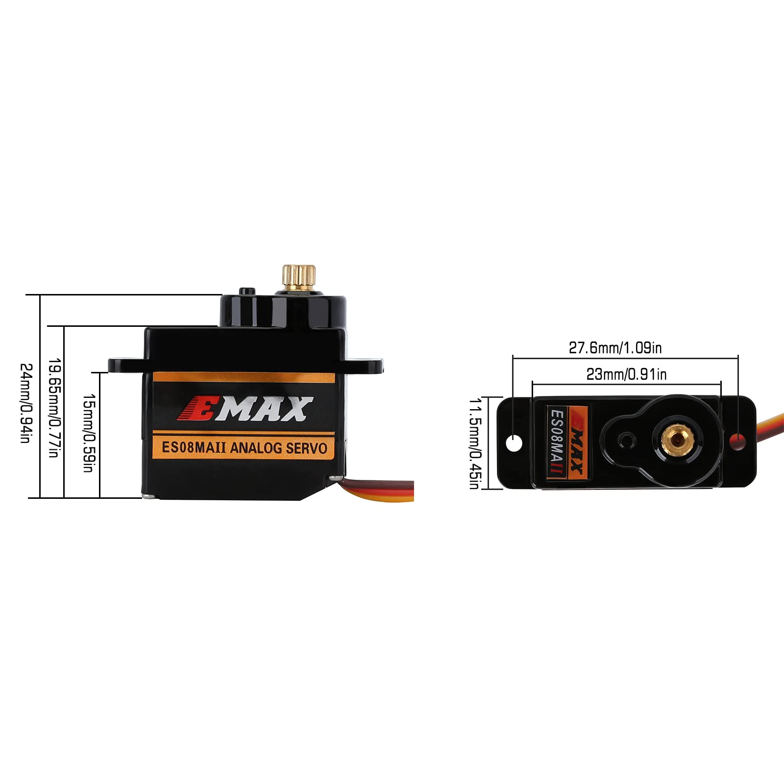 INJORA Emax ES08MAII 12g servo side view showing compact form factor for crawlers.