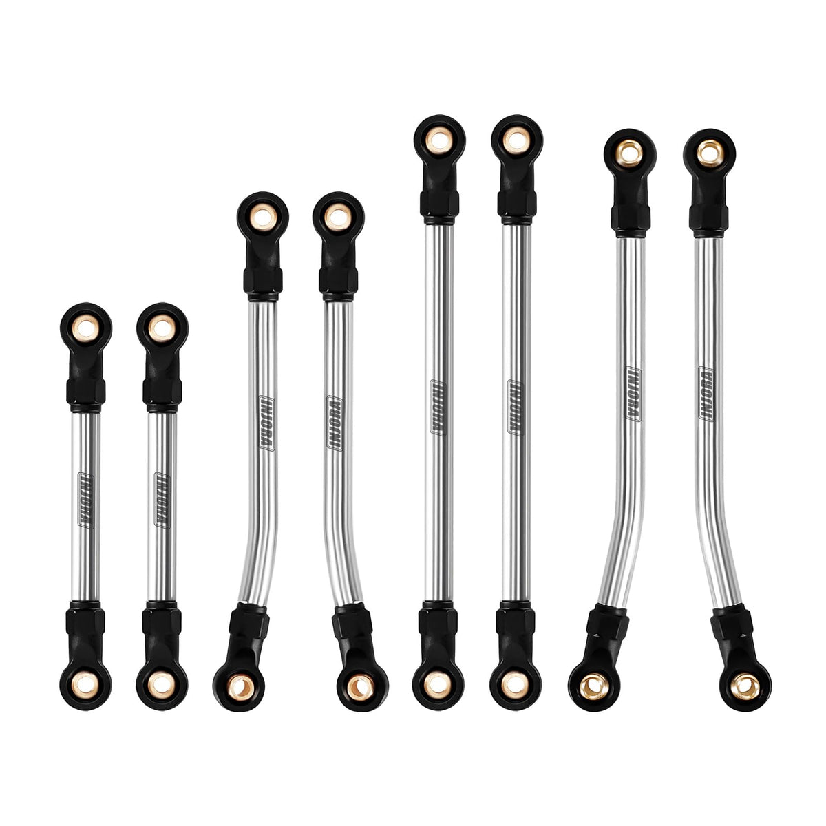 INJORA high-clearance links close-up on stainless chassis set, boosting ground clearance for climbs.