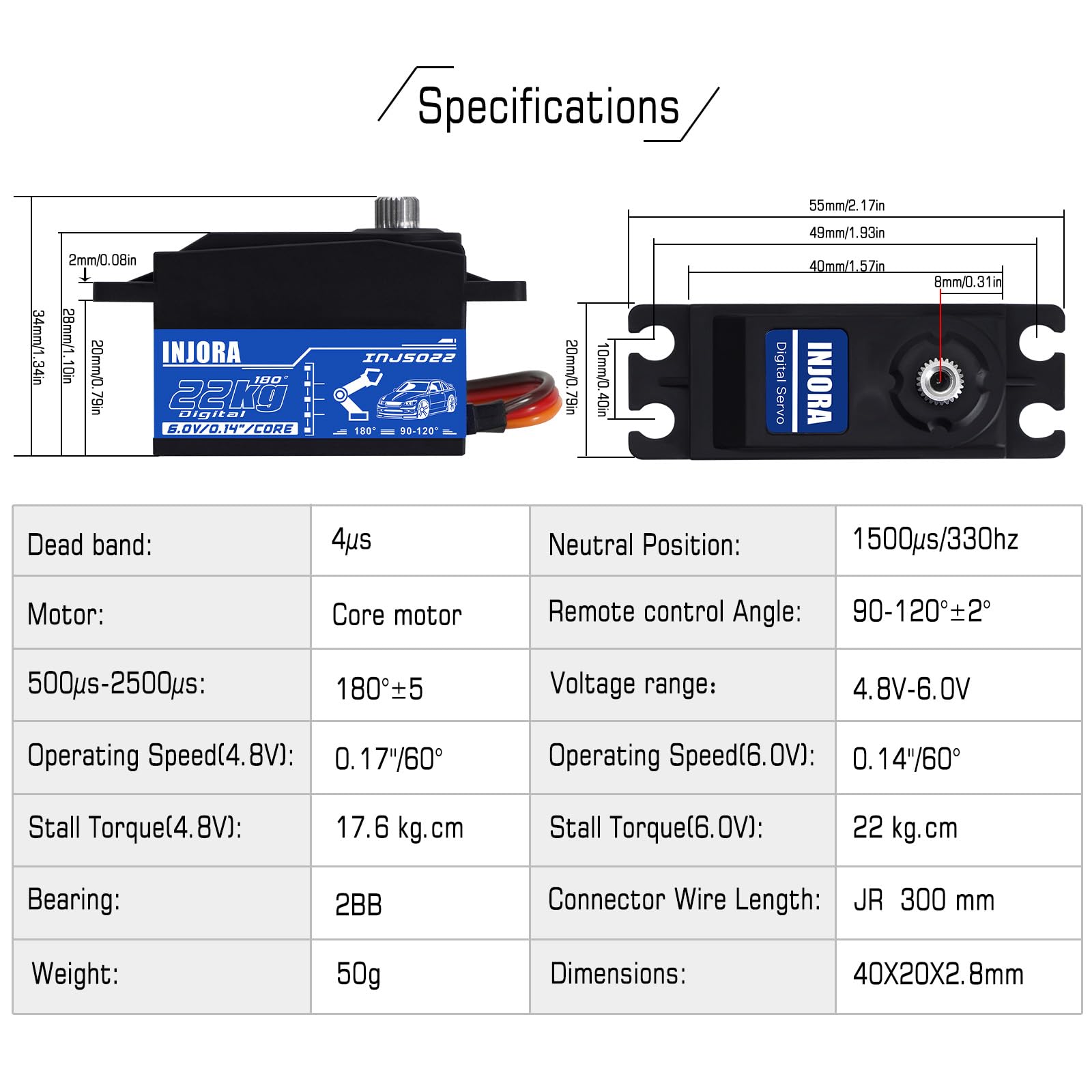 INJORA INJS022 uses JR 300mm wire for easy wiring