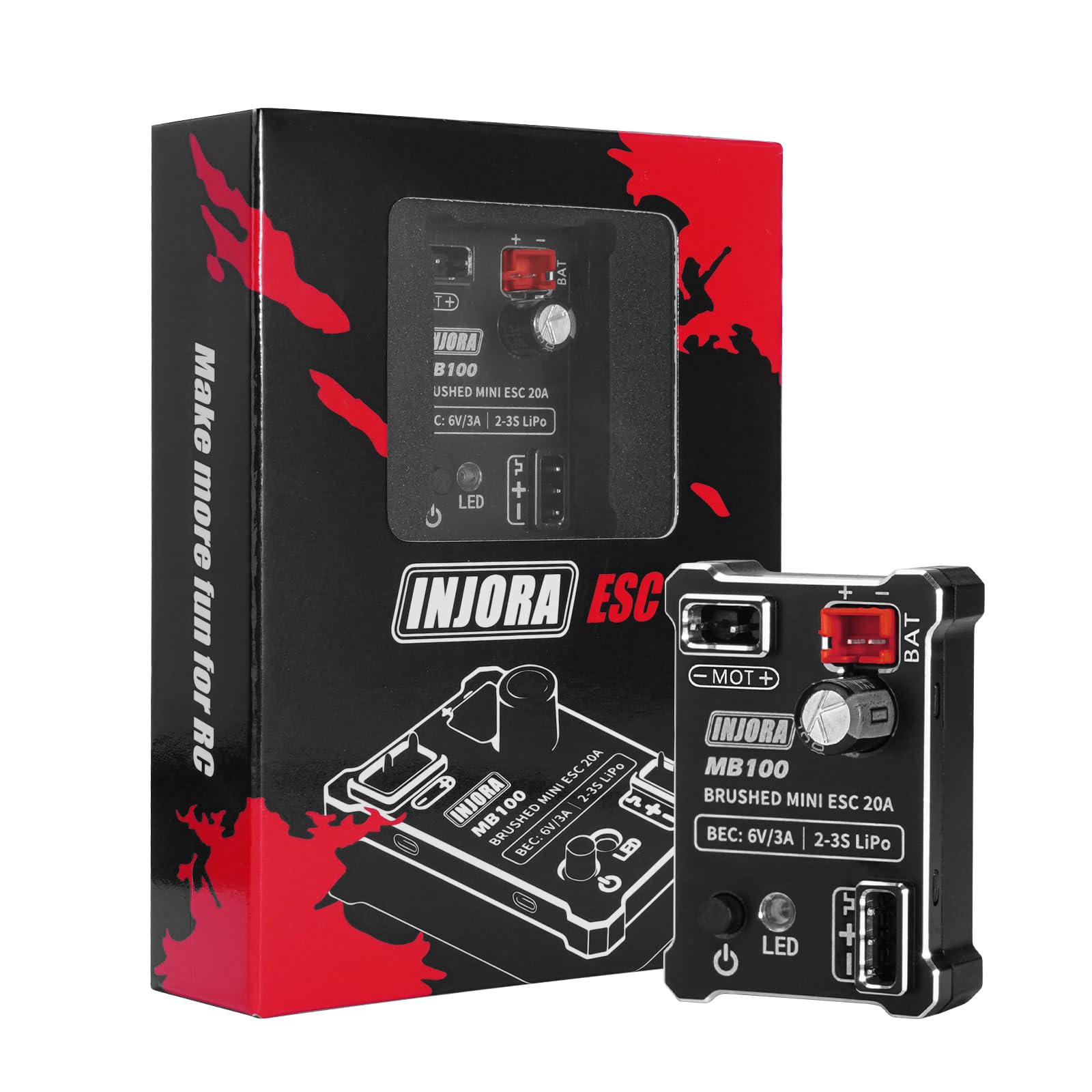 INJORA MB100-R80 ESC front view highlighting compact brushed unit for small crawlers