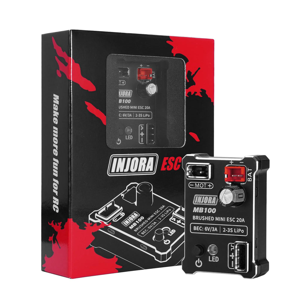 INJORA MB100-R80 ESC front view highlighting compact brushed unit for small crawlers