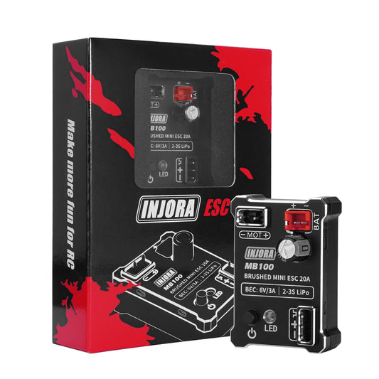 INJORA MB100-R80 ESC front view highlighting compact brushed unit for small crawlers