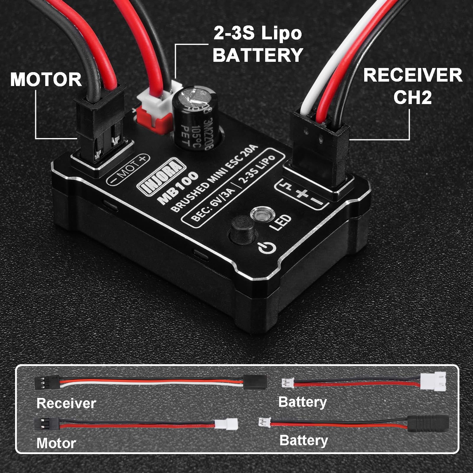 INJORA MB100-R80 ESC in a rugged crawler setup on rocks
