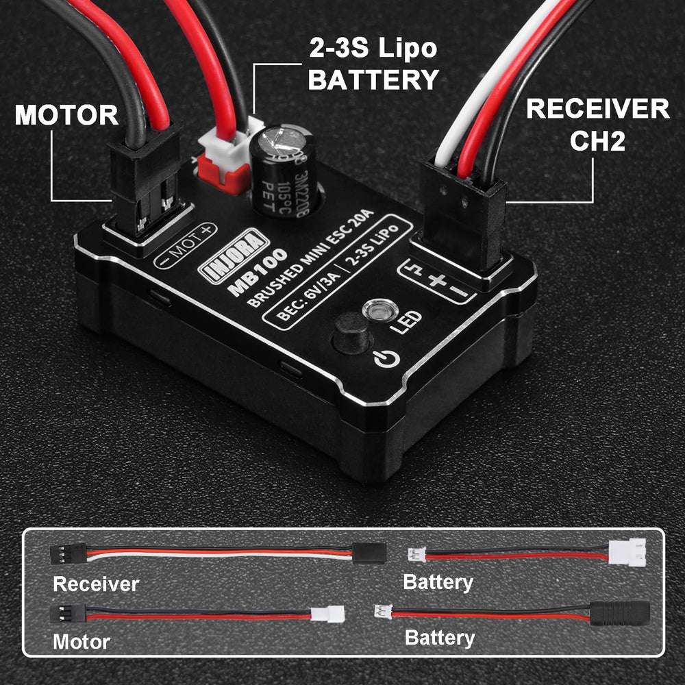 INJORA MB100-R80 ESC in a rugged crawler setup on rocks
