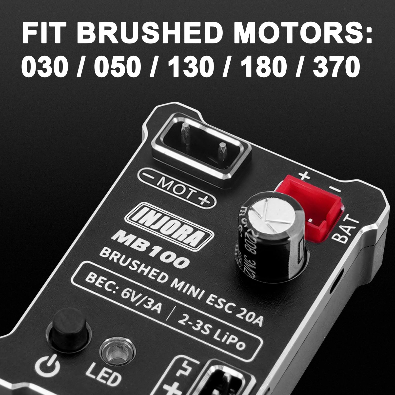 INJORA MB100-R80 ESC top label detail with IP67 rating visible