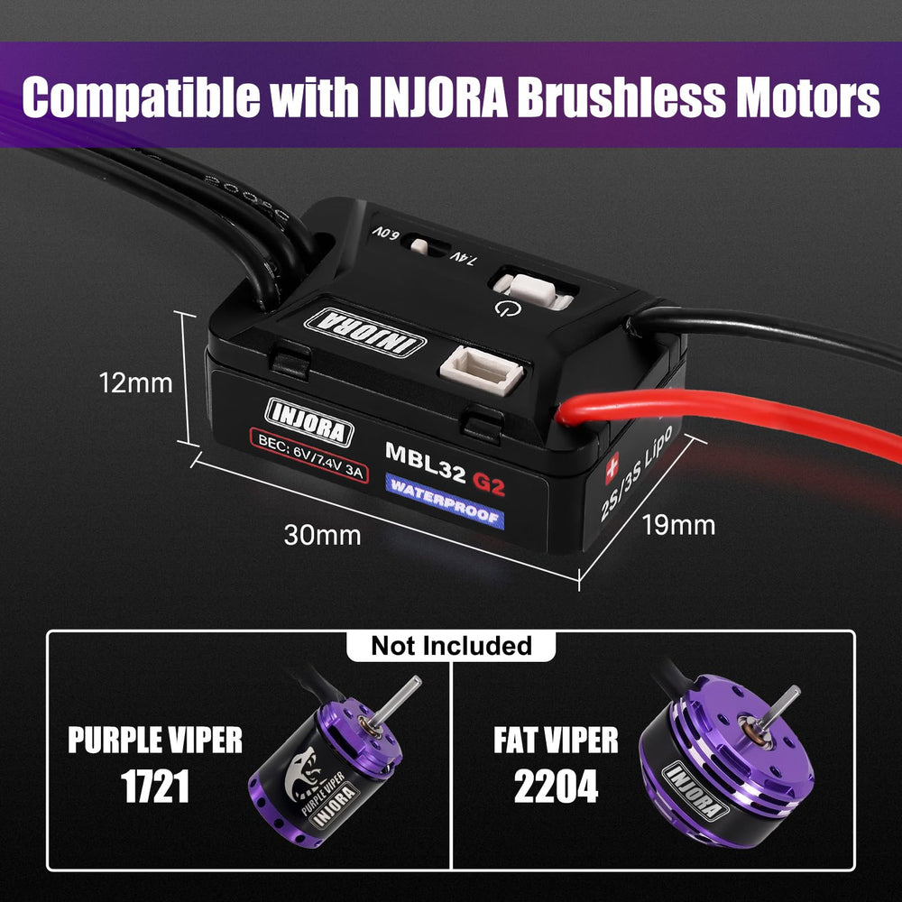 INJORA MBL32 G2 built-in BEC provides 6V/7.4V for stable electronics