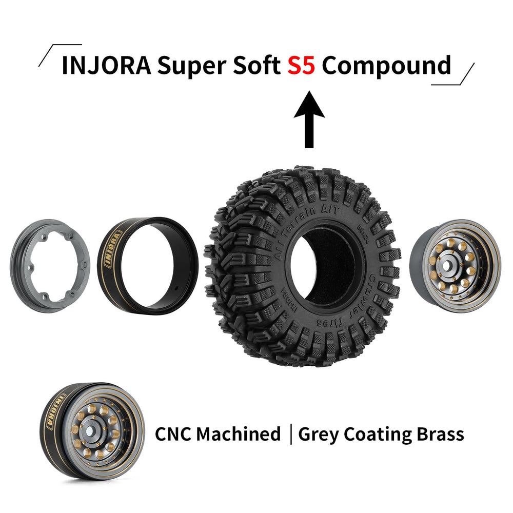 INJORA negative 2.65mm offset widens wheel spacing for stability.
