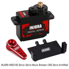 INJORA servo bracket metal mount closeup improves rigidity and mount reliability.