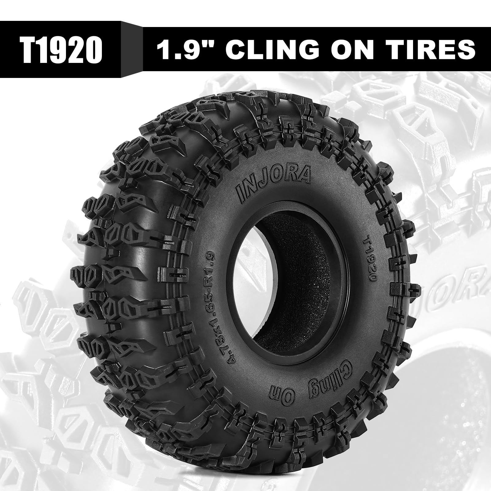INJORA S5 tire side view highlighting 120x42mm fit for 1/10 crawlers.