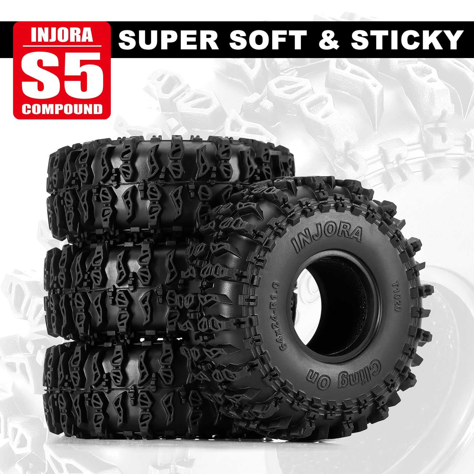 INJORA S5 cling on tires rear view emphasizing consistent performance