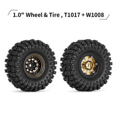 INJORA S5 compound 1.0 tires paired with brass wheels for enhanced traction.