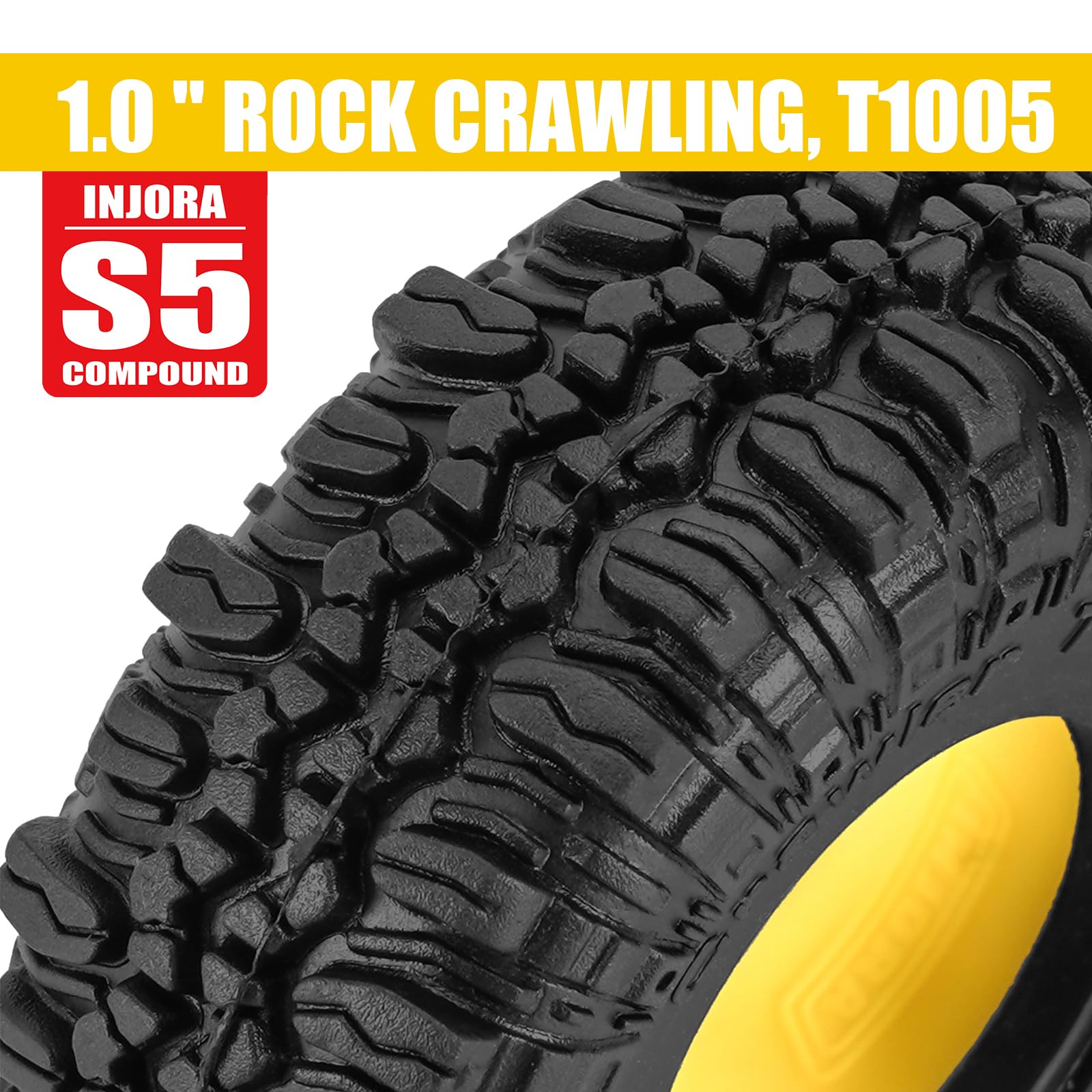 INJORA S5 tire side lug detail for stable cornering on uneven terrain
