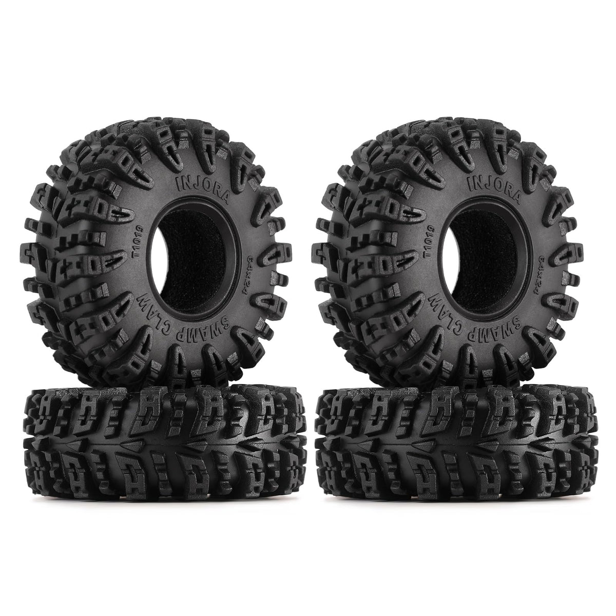INJORA Swamp Claw 1.0 tire close-up showing bold tread for off-road grip.