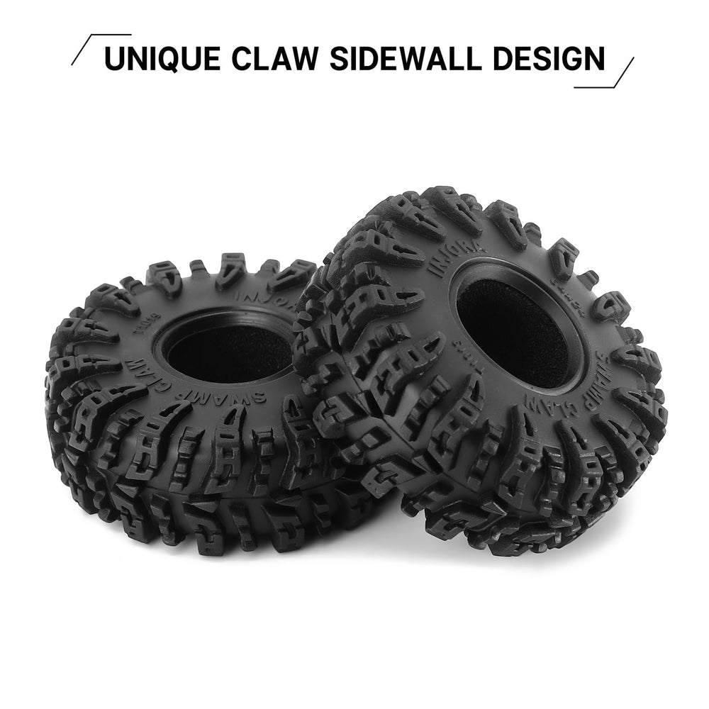 INJORA Swamp Claw 1.0 tire during installation on a 1/18 RC crawler.
