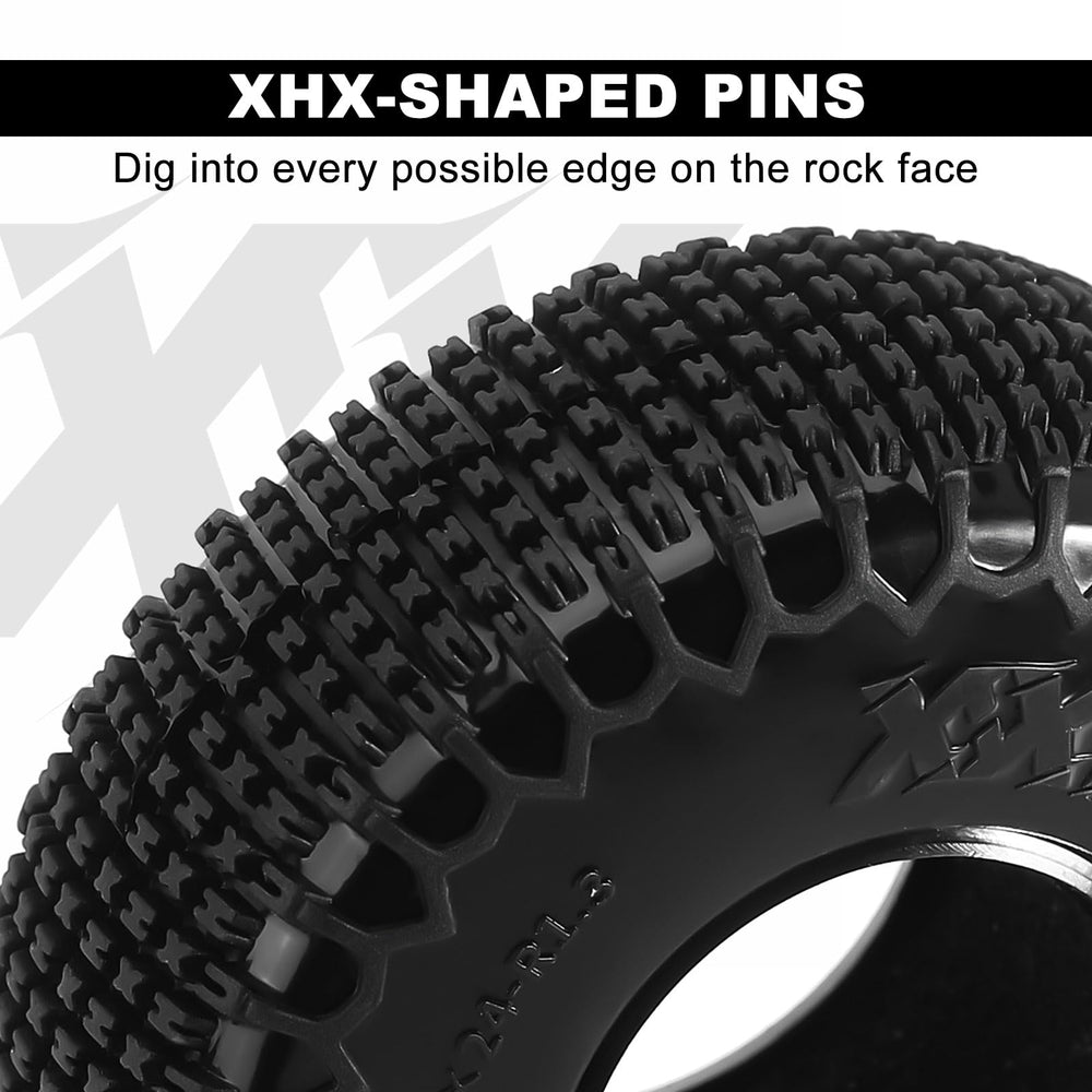 INJORA tire closeup reveals XHX pins and grip-ready texture.