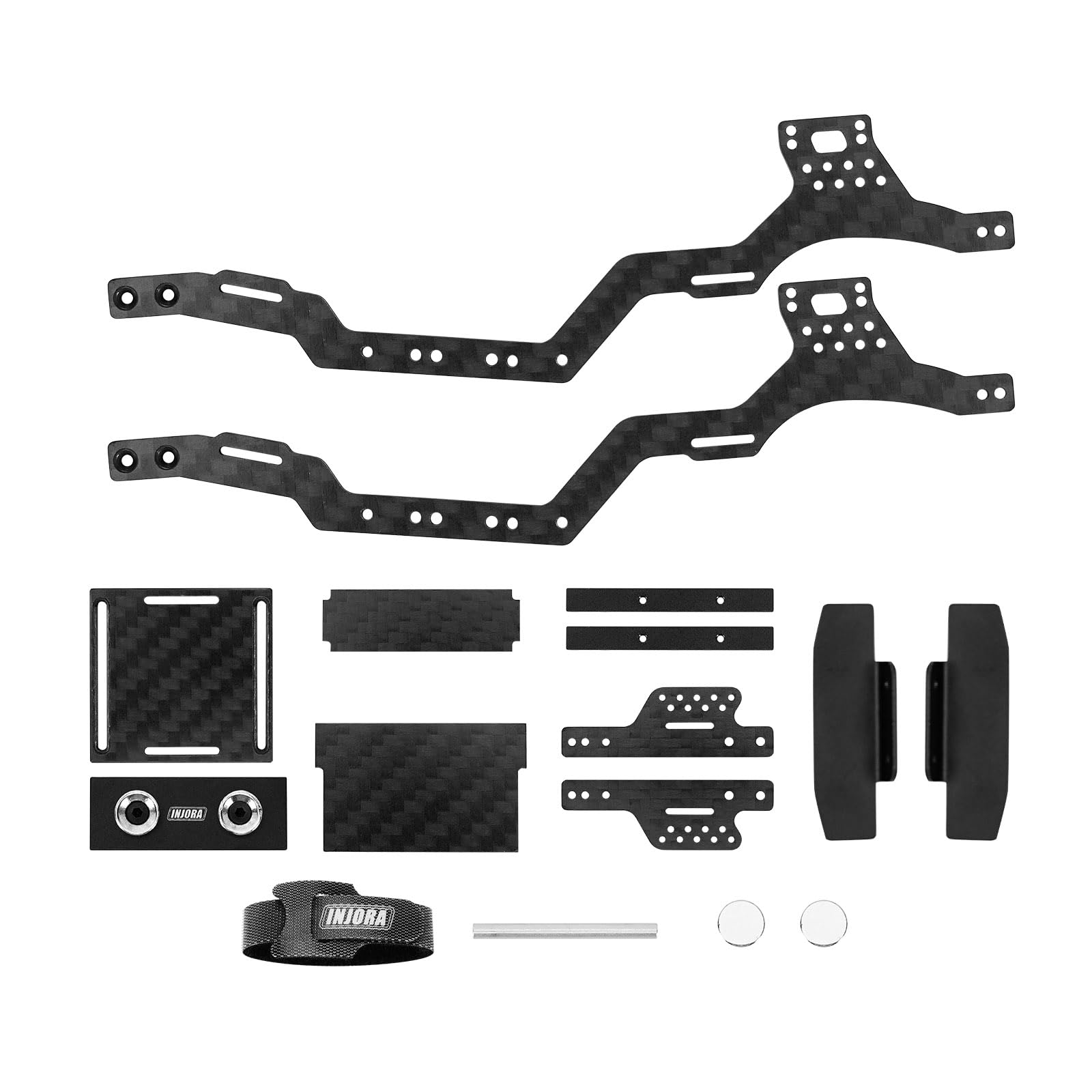 INJORA carbon fiber chassis with magnetic mount for versatile body mounting