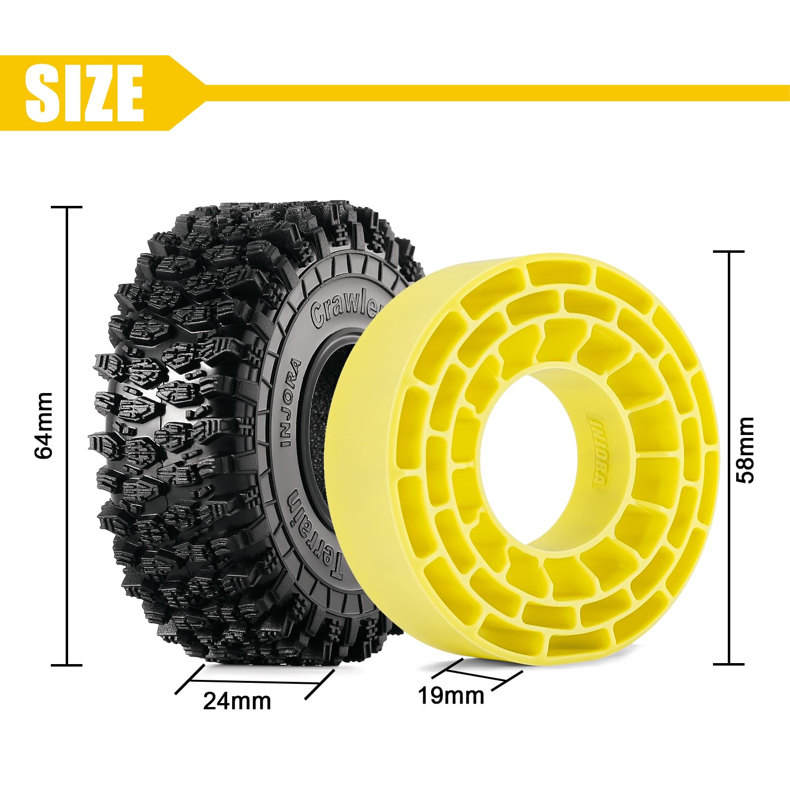 INJORA yellow inserts close-up showing silicone support and waterproof feature