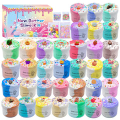 Inksbui Butter Slime Kit with 34 two-tone slimes for sensory play and creative exploration.