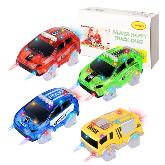 INLAIER Track Cars blue LED on for glowing night play and visibility.