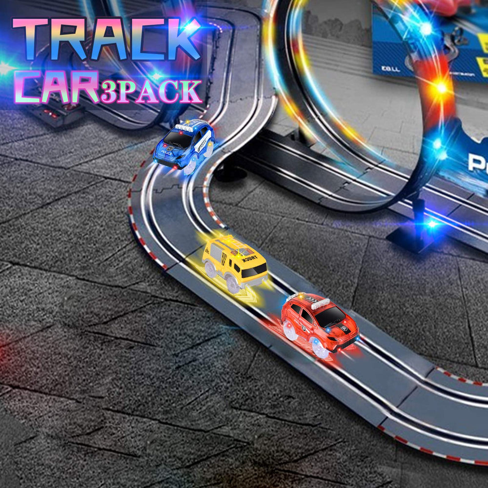 INLAIER glow cars race on flex track for versatile layouts