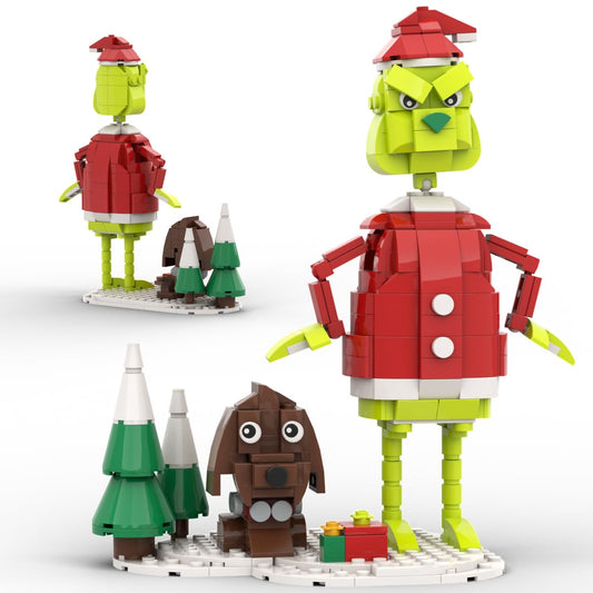 Inmygene Christmas Building Set: poseable green monster with dog for desk display.