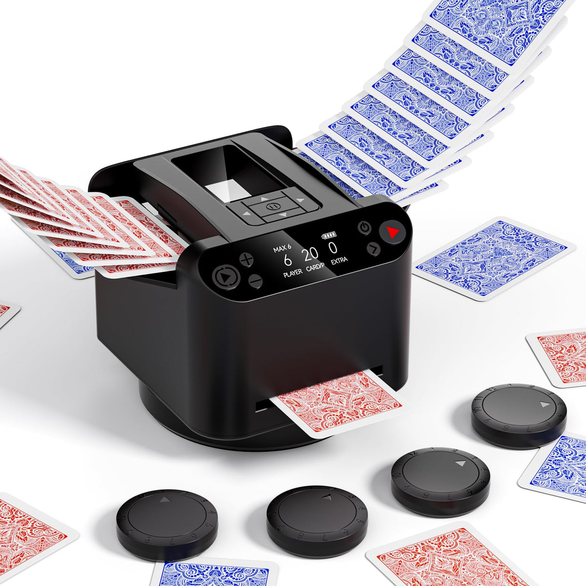 INNCNN 2-in-1 shuffler-deal machine in action for fast, hands-free rounds with up to 12 players.