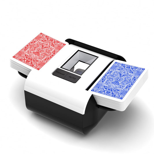 INNCNN rechargeable card shuffler ready for 1-2 decks, quick hands-free shuffling on a white surface